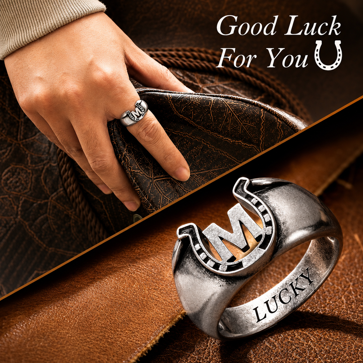 Woman wearing a custom M initial horseshoe ring with personalized LUCKY engraving
Personalized M