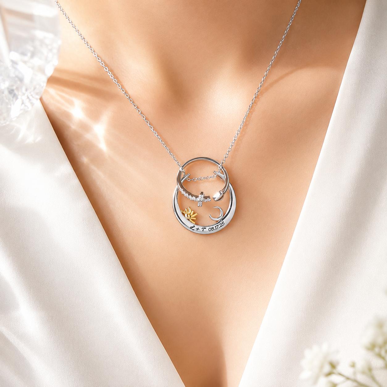 Silver celestial ring holder necklace worn by woman