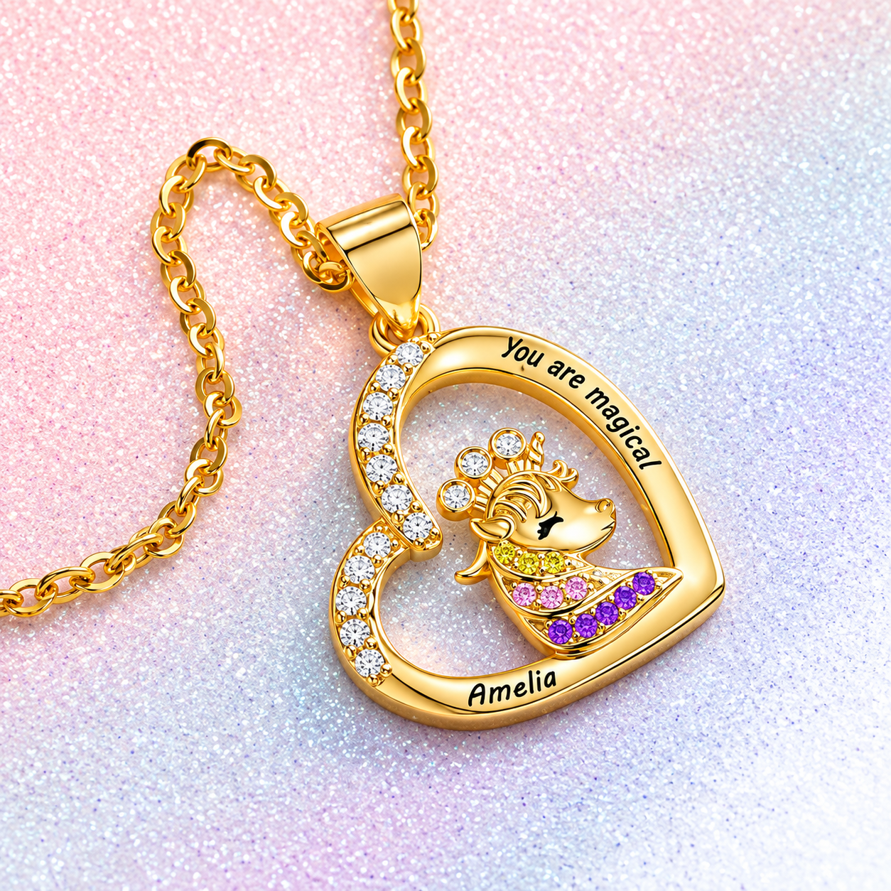 Gold crowned unicorn necklace for girls with crystal tilted heart design