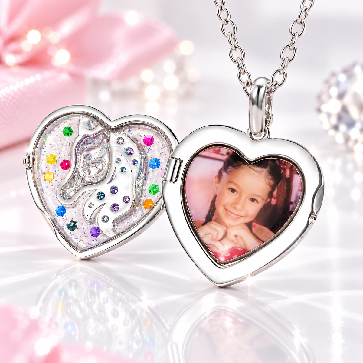 Sequin style unicorn heart photo locket necklace for girls