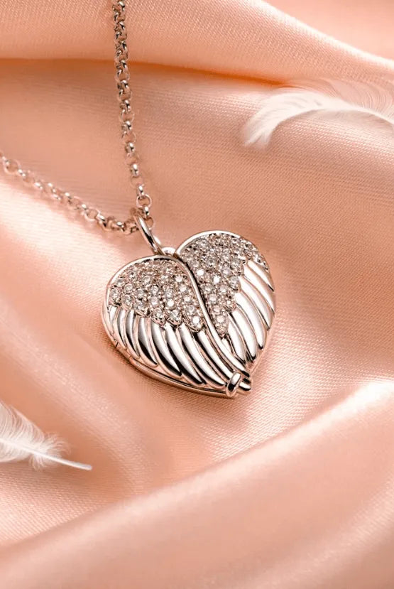 Personalized Angel Wings Heart Locket Necklace – Custom Engraved Photo Pendant in Sterling Silver, Gold, or Rose Gold - Belbren