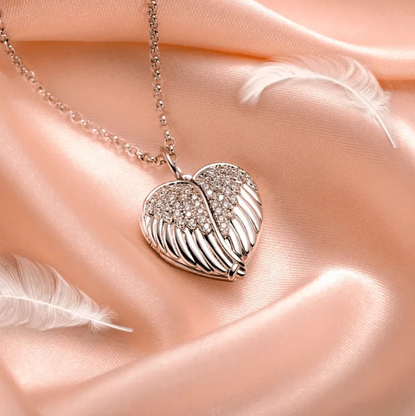 Personalized Angel Wings Heart Locket Necklace – Custom Engraved Photo Pendant in Sterling Silver, Gold, or Rose Gold - Belbren