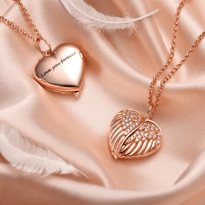 Personalized Angel Wings Heart Locket Necklace – Custom Engraved Photo Pendant in Sterling Silver, Gold, or Rose Gold - Belbren