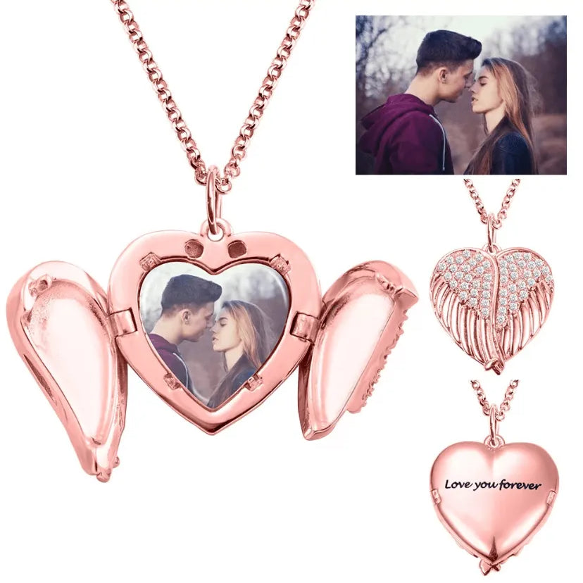 Personalized Angel Wings Heart Locket Necklace – Custom Engraved Photo Pendant in Sterling Silver, Gold, or Rose Gold - Belbren