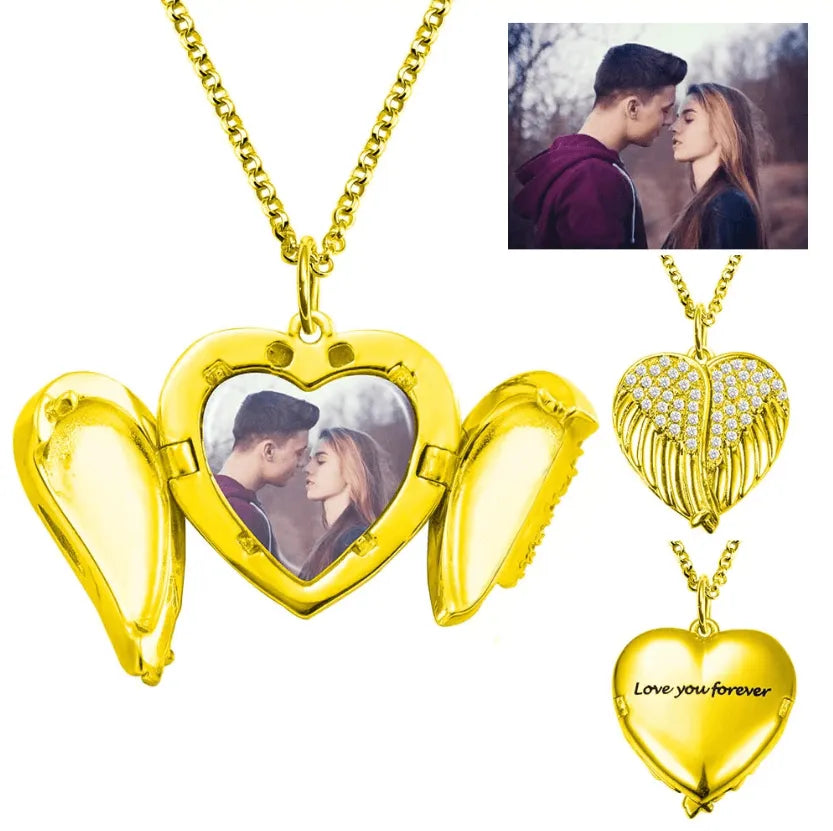 Personalized Angel Wings Heart Locket Necklace – Custom Engraved Photo Pendant in Sterling Silver, Gold, or Rose Gold - Belbren
