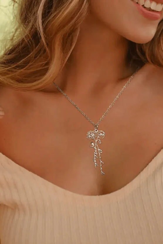Personalized Birth Flower Necklace with Custom Names - Perfect Gift for Couples, Best Friends, Mother & Daughter - Belbren
