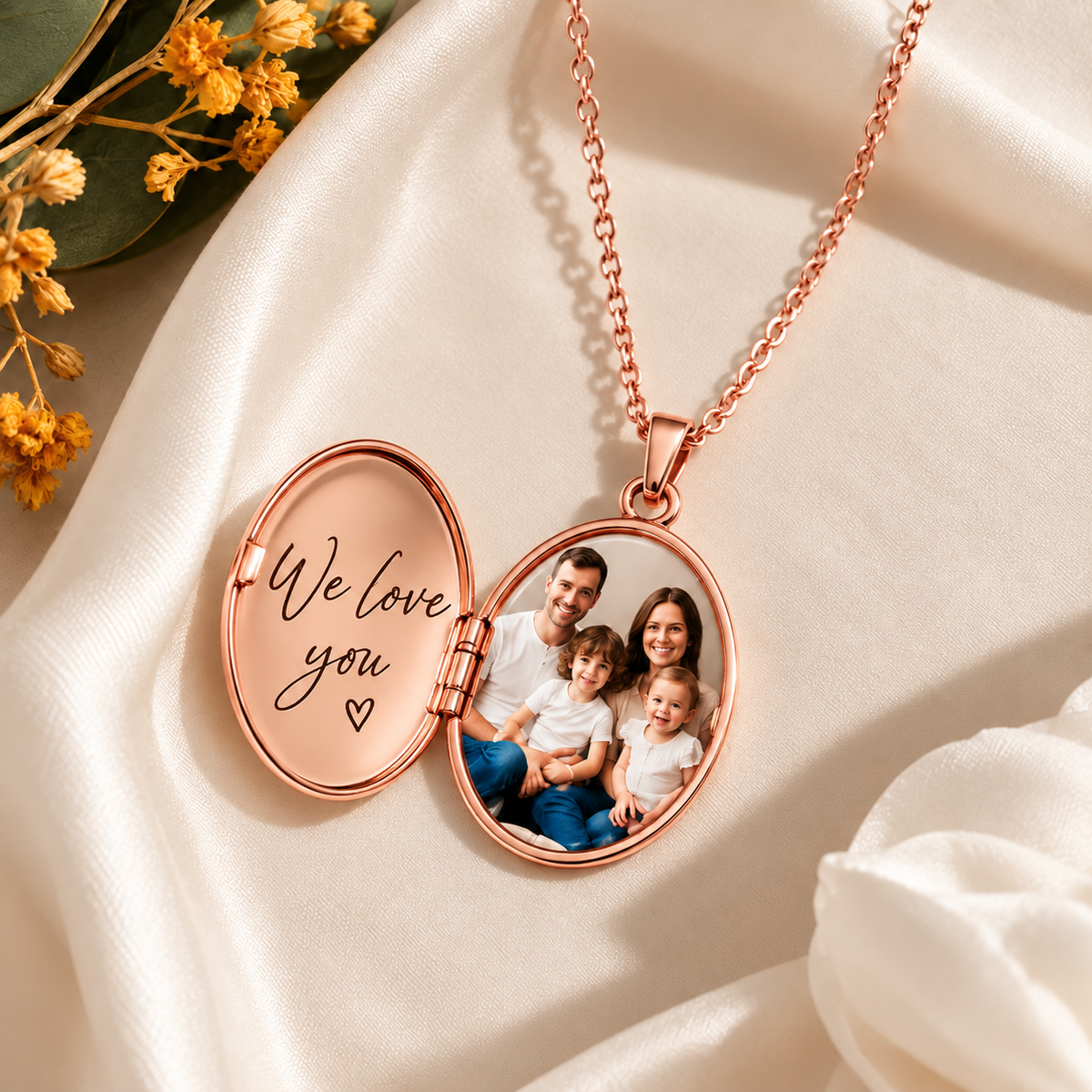 Rose gold personalized photo locket necklace with family picture