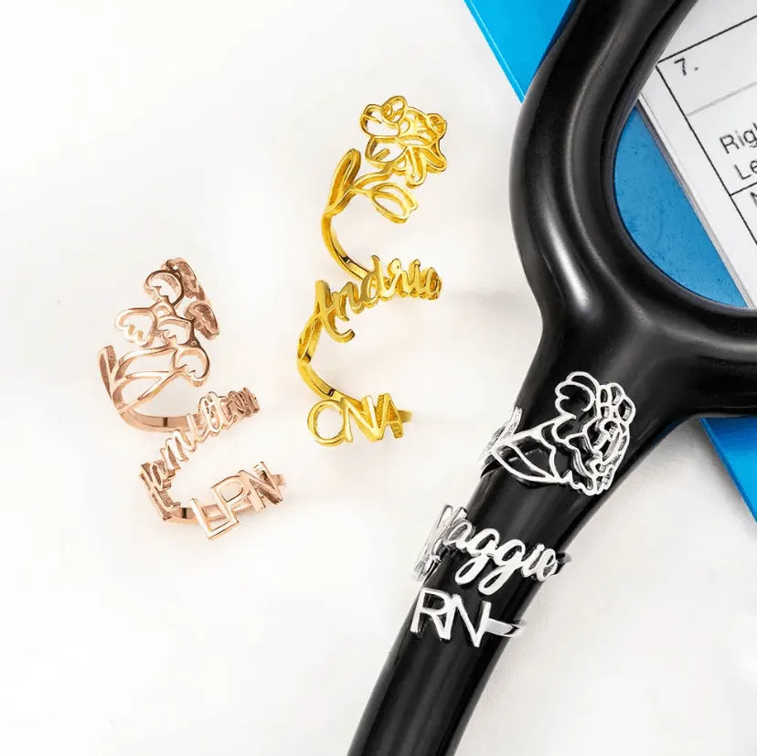 Personalized Birth Flower Stethoscope Name Tag - Custom Medical ID for Nurses, Doctors - in Brass finished in Gold, Rose Gold, Platinum - Belbren