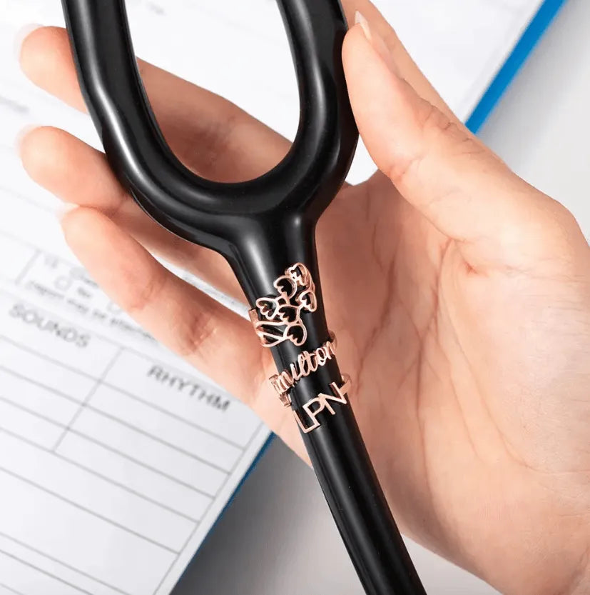 Personalized Birth Flower Stethoscope Name Tag - Custom Medical ID for Nurses, Doctors - in Brass finished in Gold, Rose Gold, Platinum - Belbren