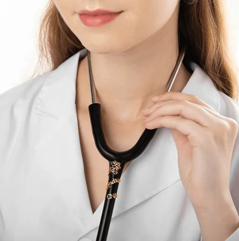 Personalized Birth Flower Stethoscope Name Tag - Custom Medical ID for Nurses, Doctors - in Brass finished in Gold, Rose Gold, Platinum - Belbren