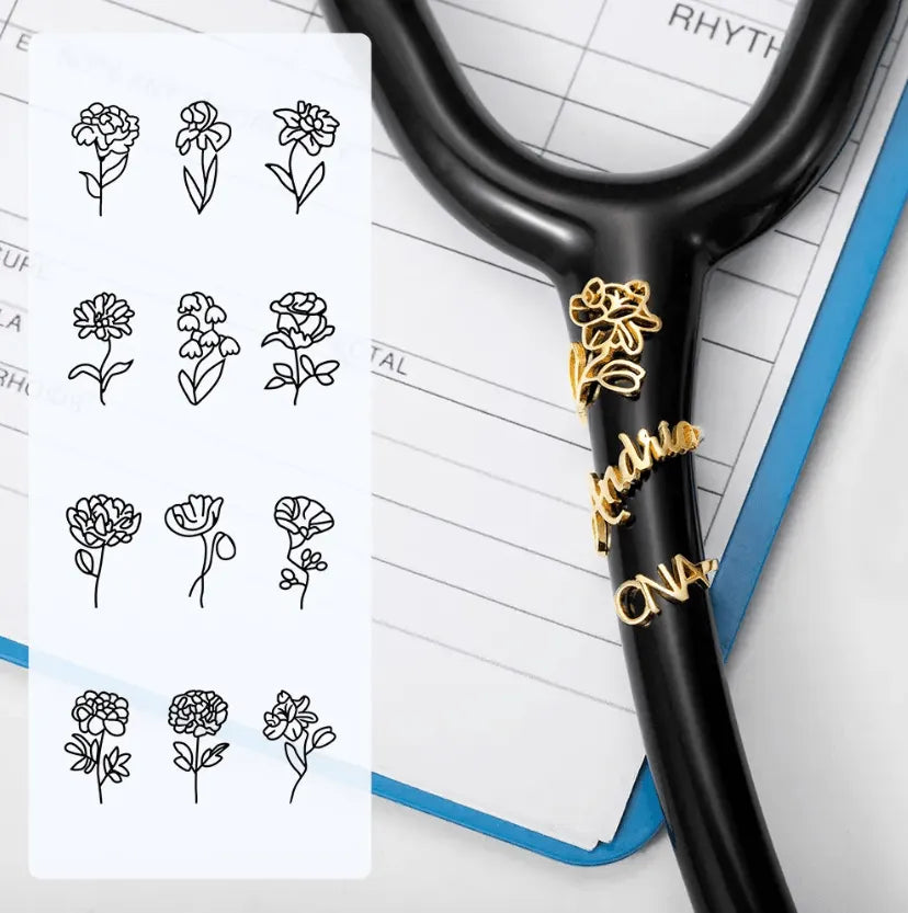 Personalized Birth Flower Stethoscope Name Tag - Custom Medical ID for Nurses, Doctors - in Brass finished in Gold, Rose Gold, Platinum - Belbren