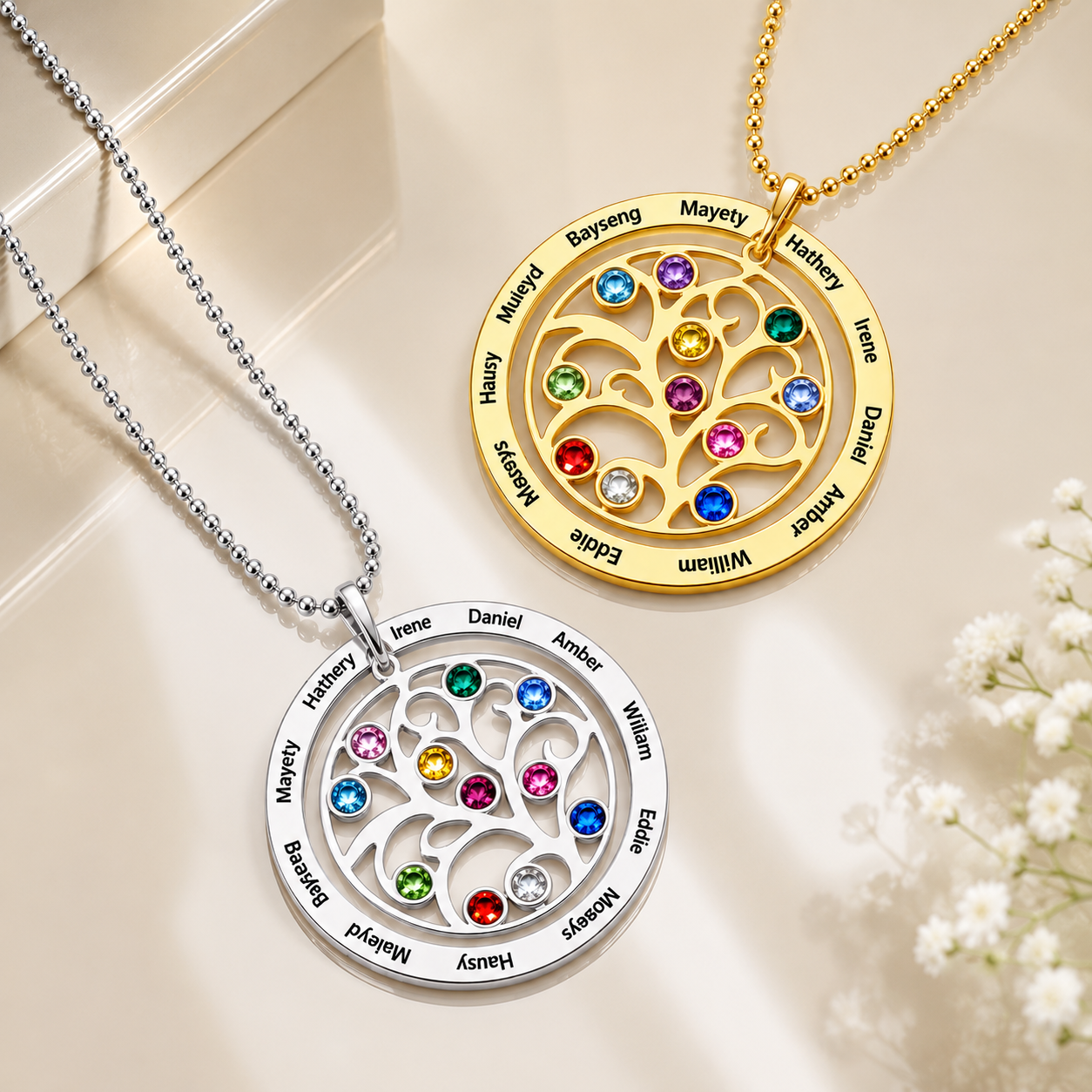 Silver and gold personalized family tree necklaces with names and birthstones
