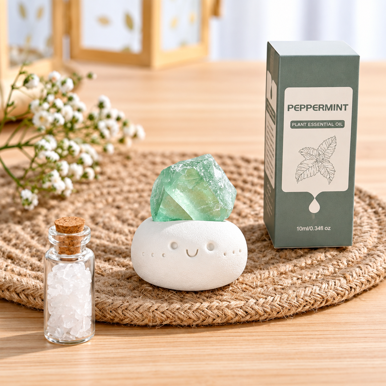 Green crystal aromatherapy diffuser with essential oil bottle