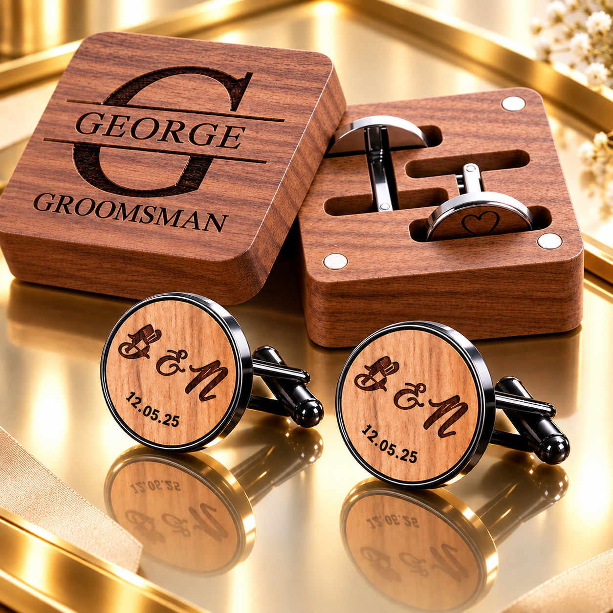 Custom engraved wooden cufflinks with personalized walnut box on elegant gold background