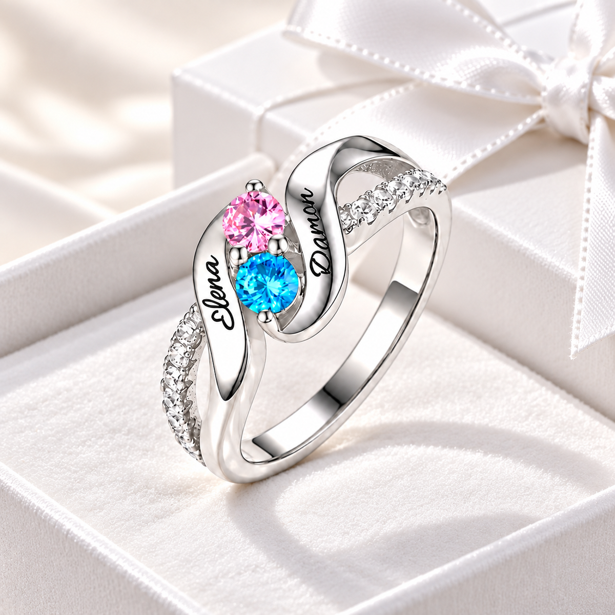 Personalized double birthstone ring with engraving in sterling silver
