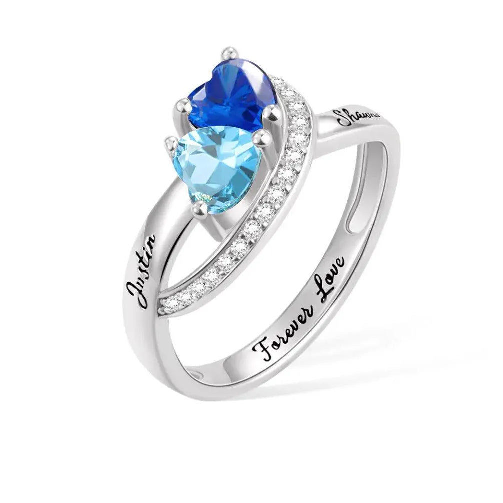 Personalized Double Heart Birthstone Ring with Custom Engraving - Unique Birthstone Jewelry for Women - Belbren
