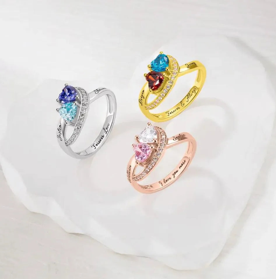 Personalized Double Heart Birthstone Ring with Custom Engraving - Unique Birthstone Jewelry for Women - Belbren