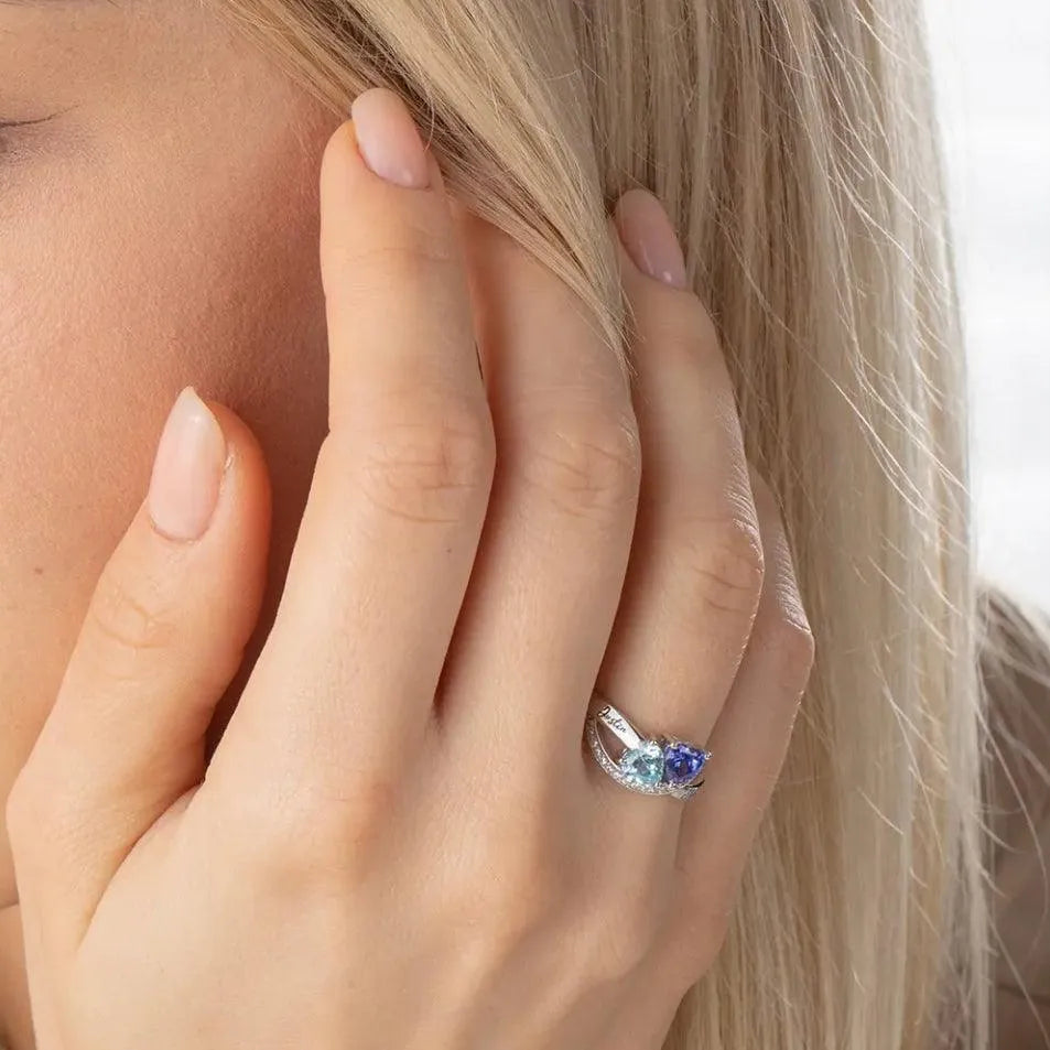 Personalized Double Heart Birthstone Ring with Custom Engraving - Unique Birthstone Jewelry for Women - Belbren