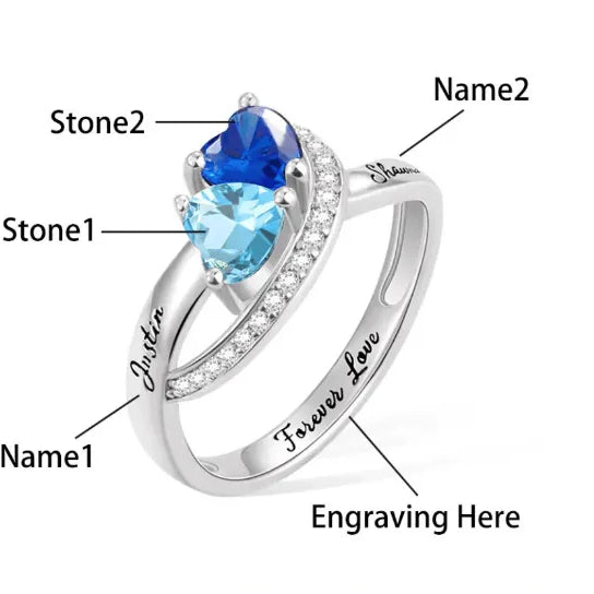 Personalized Double Heart Birthstone Ring with Custom Engraving - Unique Birthstone Jewelry for Women - Belbren