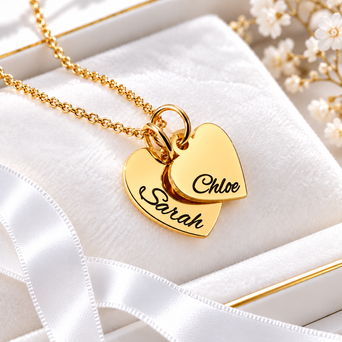 Personalized gold double heart necklace with two engraved names