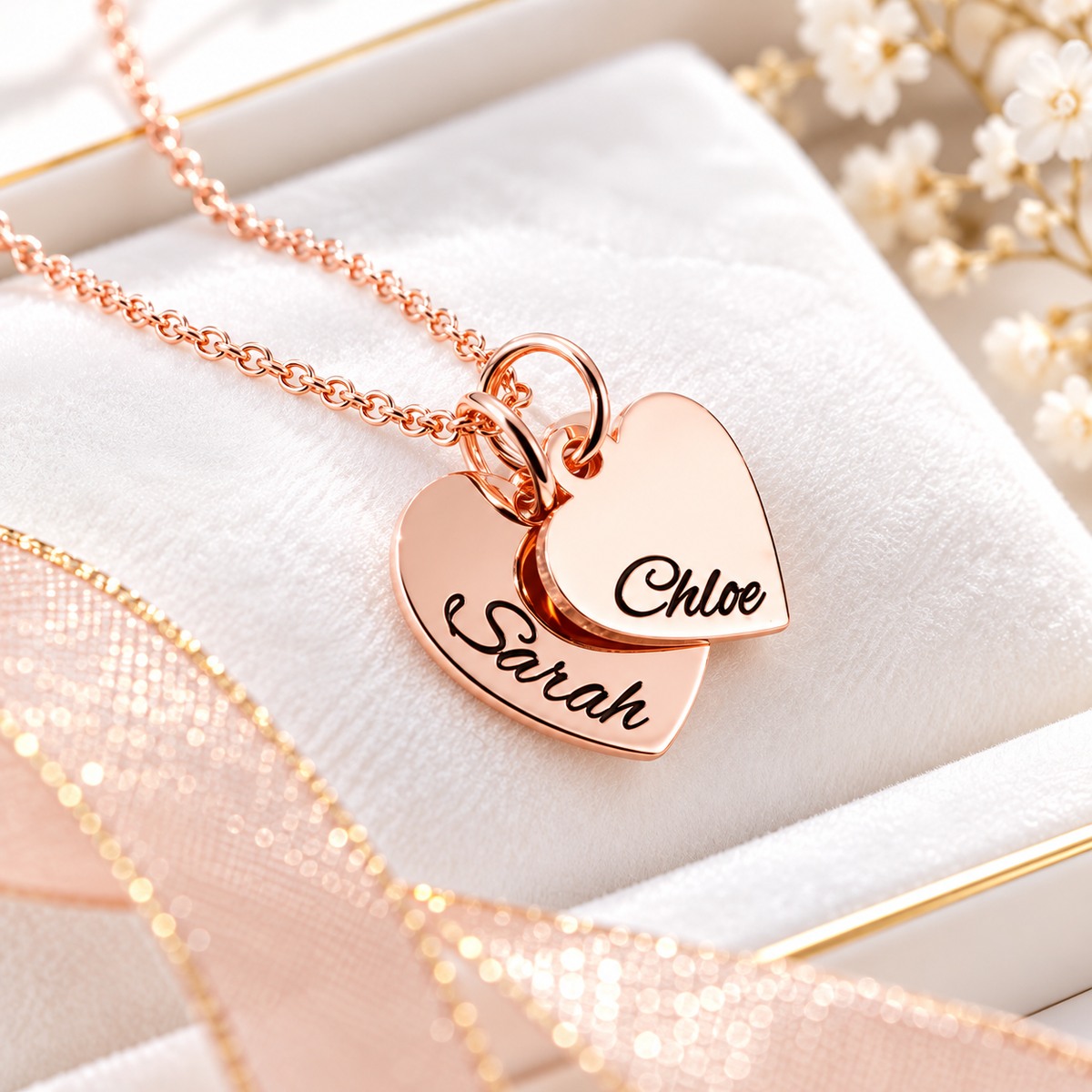 Rose gold double heart name necklace personalized with two names