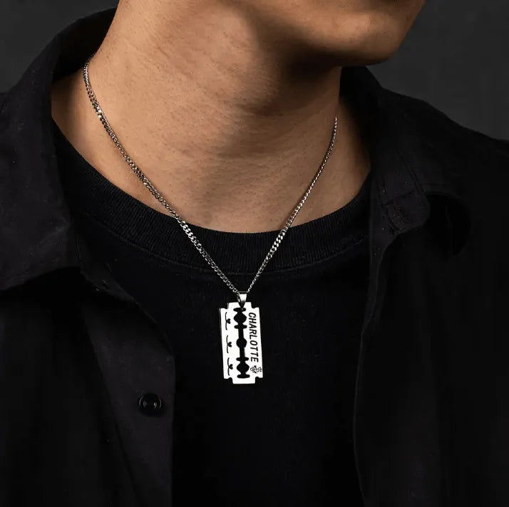 Personalized Engraved Razor Blade Necklace Custom Name Date