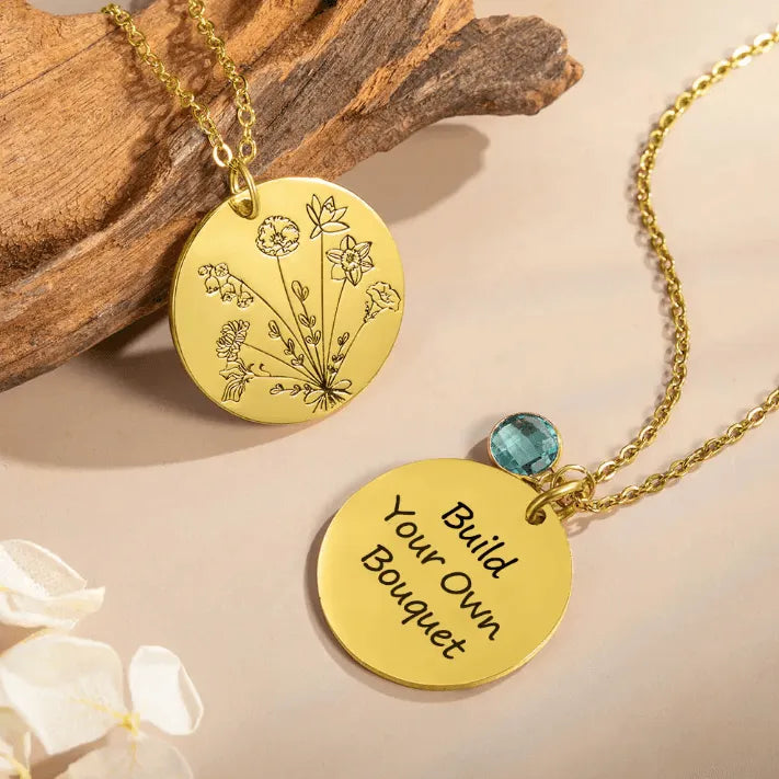 Personalized Family Birth Flower Bouquet Necklace - Custom Engraved Birth Month Flowers & Birthstones - Ideal Mother's Day Gift for Mom - Belbren