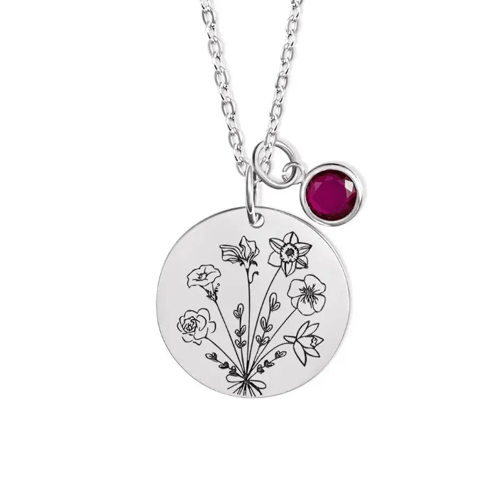 Personalized Family Birth Flower Bouquet Necklace - Custom Engraved Birth Month Flowers & Birthstones - Ideal Mother's Day Gift for Mom - Belbren