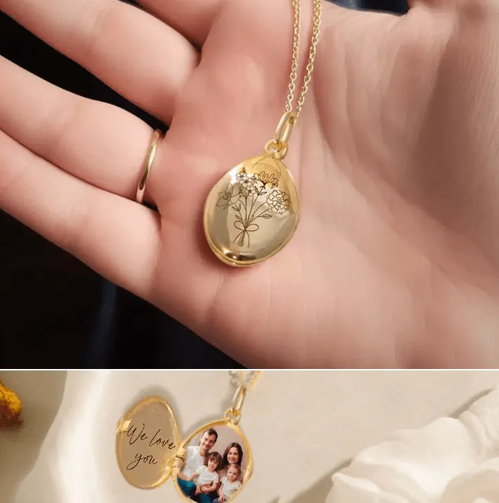Personalized Family Birth Flower Locket Necklace - Engraved Photo Keepsake Jewelry - Perfect Mother's Day Gift for Her - Belbren