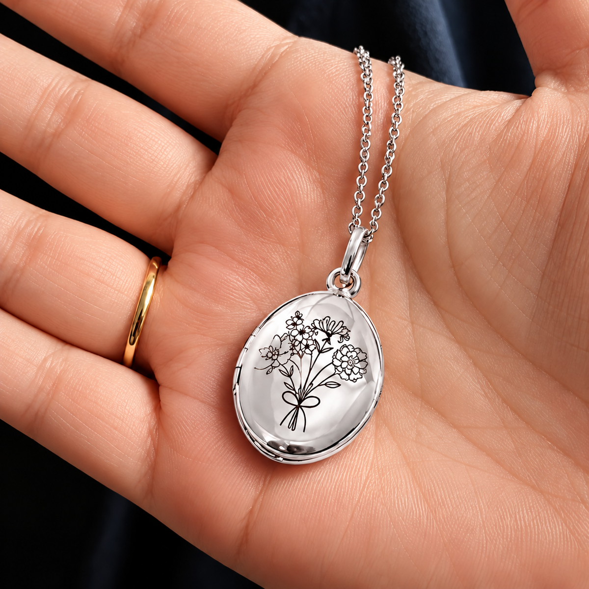 Silver personalized family birth flower locket necklace held in hand