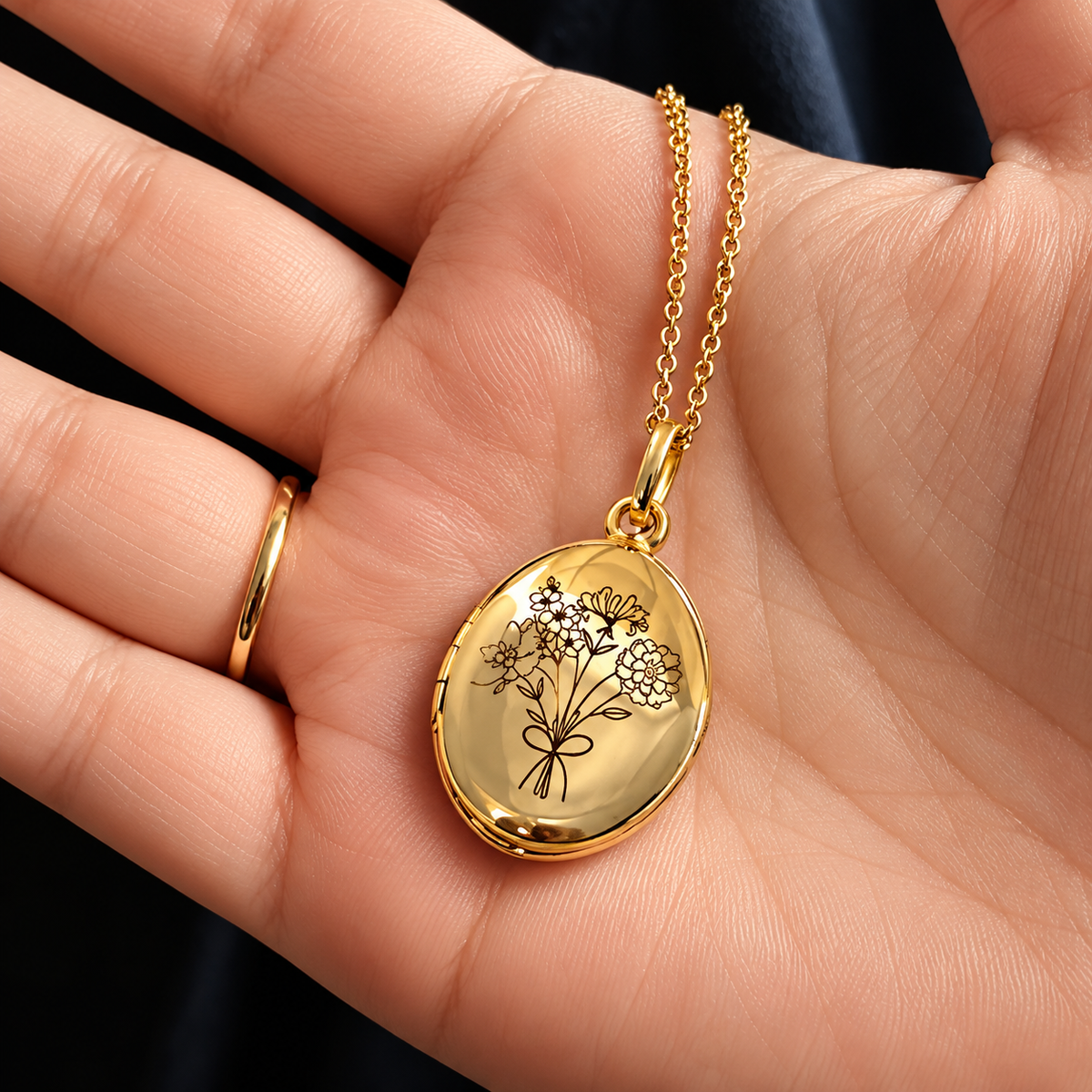 Gold personalized birth flower bouquet locket necklace held in hand