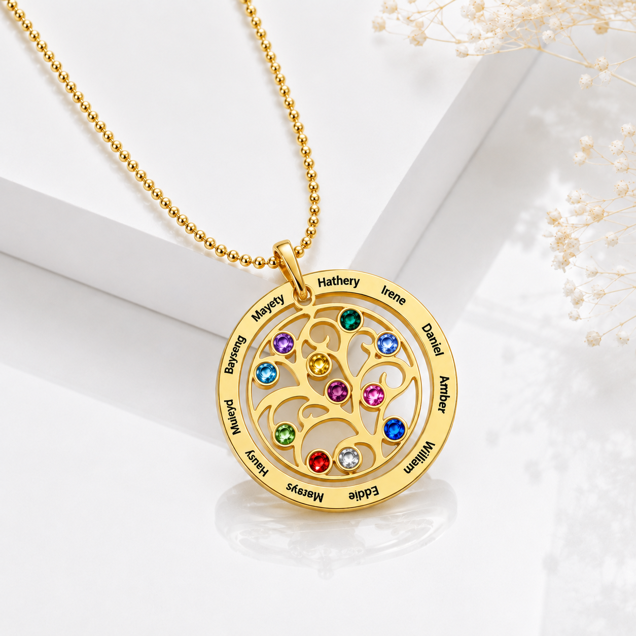 Gold family tree birthstone necklace with personalized engraved names