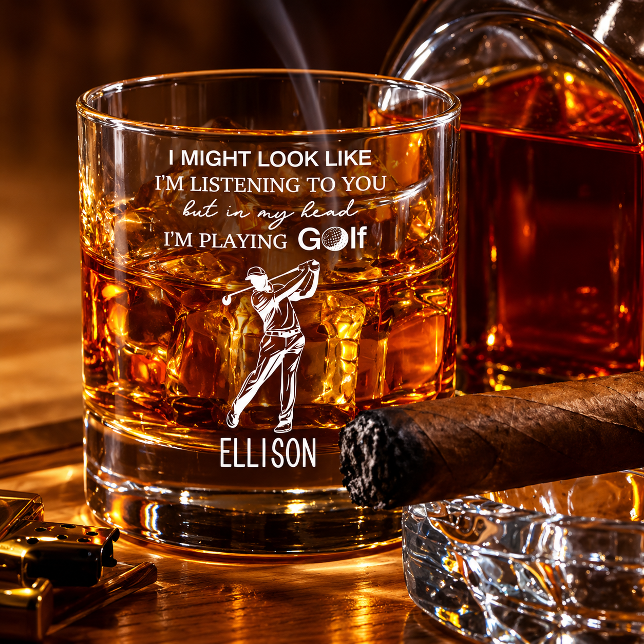 Personalized golfer whiskey glass with custom name displayed with whiskey and cigar