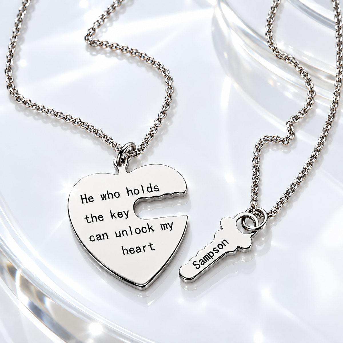 Heart and key couples necklace set in silver