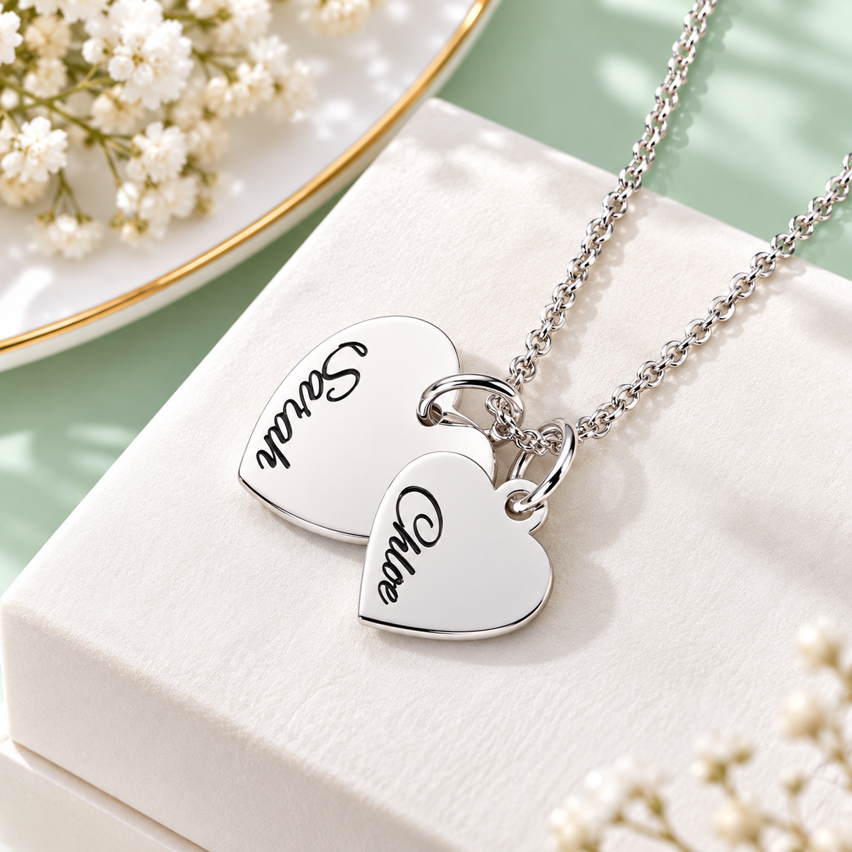 Personalized silver two heart name necklace gift for her