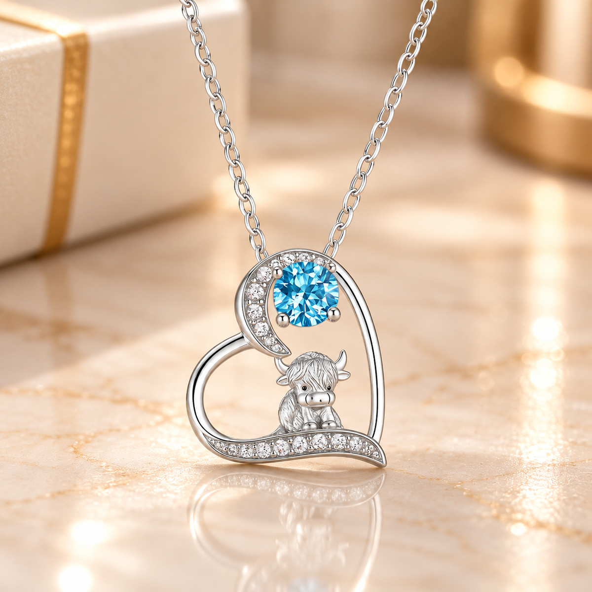 Silver Highland cow heart necklace with blue birthstone and sparkling crystal accents, displayed on a soft ivory marble background.