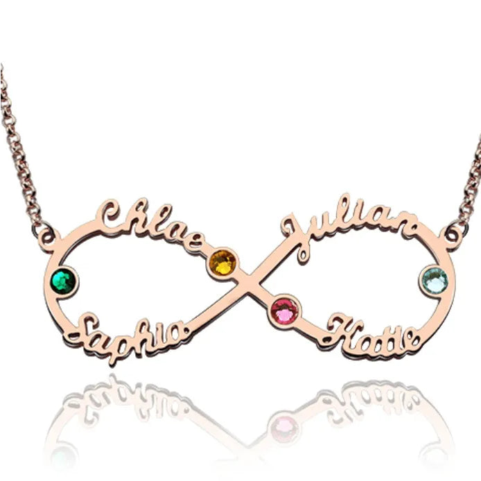 Personalized Infinity Necklace with Custom Names and Birthstones - 925 Sterling Silver, Gold, Rose Gold, Platinum Finish - Belbren