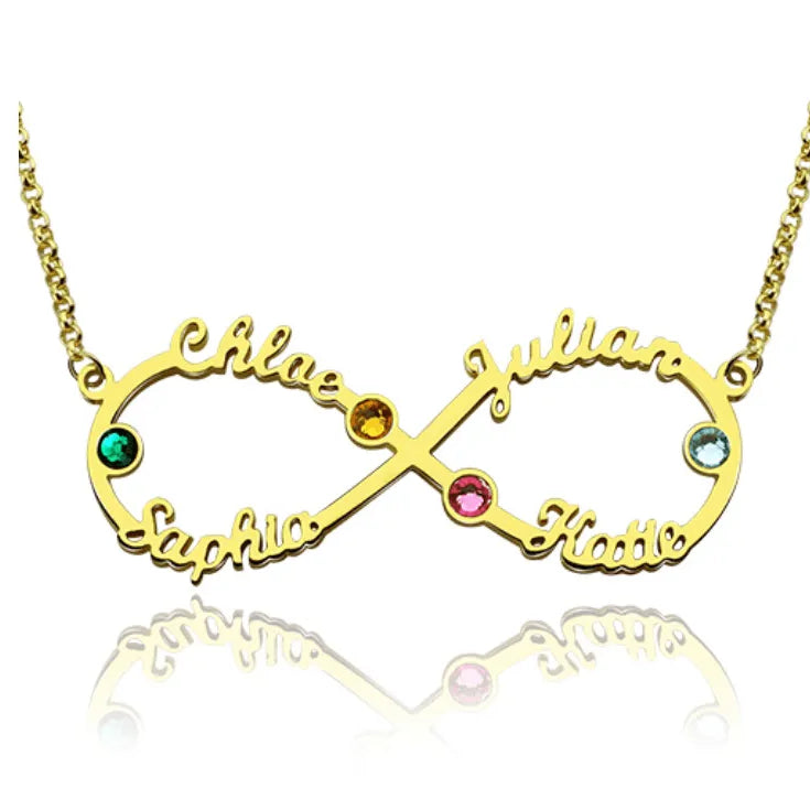 Personalized Infinity Necklace with Custom Names and Birthstones - 925 Sterling Silver, Gold, Rose Gold, Platinum Finish - Belbren