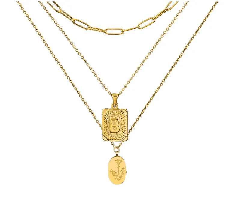 Personalized Initial Necklace with Birth Flower Charms - 3Pc Elegant Stacking Set Featuring Birthflower Design - Handcrafted Jewelry Gift - Belbren