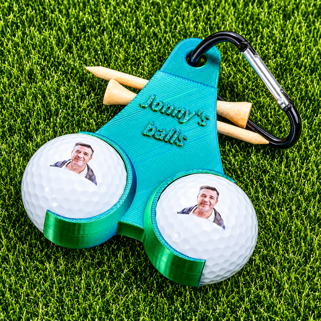 Teal personalized golf ball holder with custom photo golf balls and clip