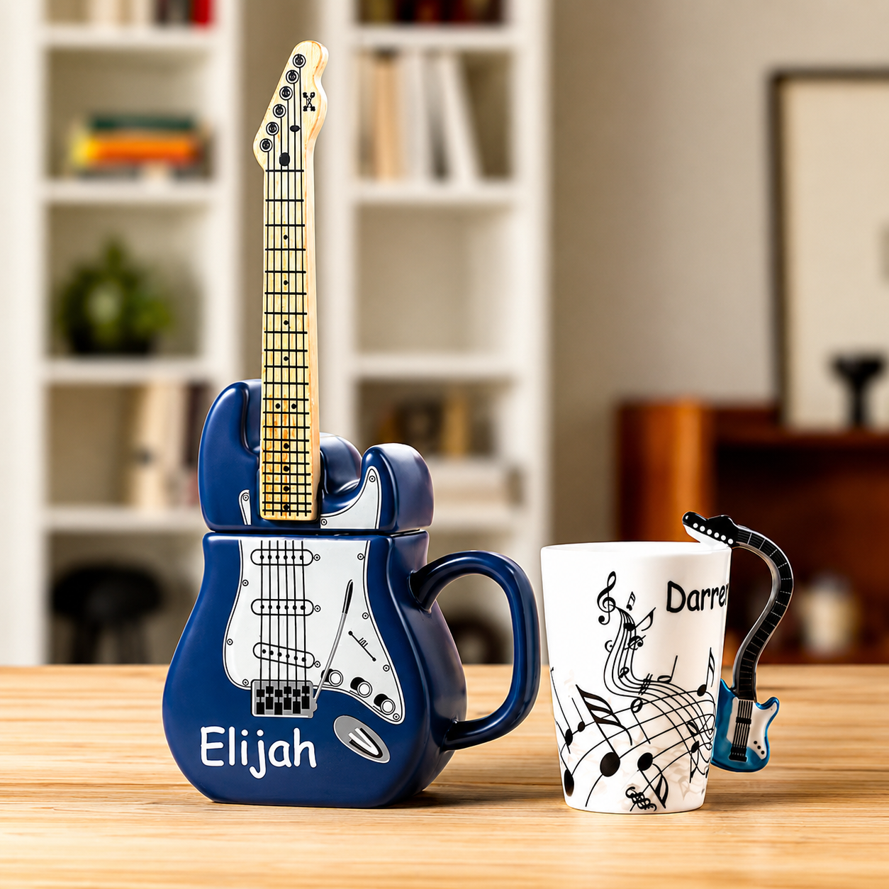 Personalised guitar-shaped ceramic mug with removable lid alongside personalised guitar handle coffee mug
