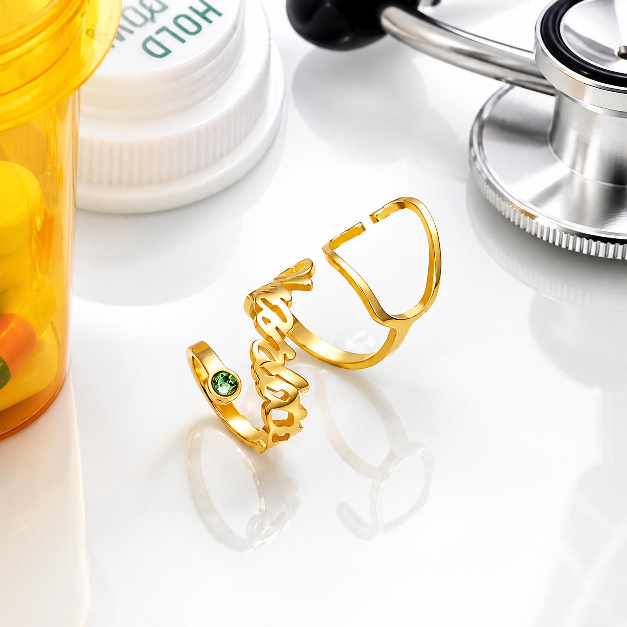Gold birthstone stethoscope name tag with custom script name