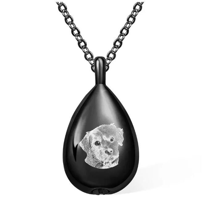 Personalized Photo Engraved Teardrop Cremation Urn Necklace for Ashes - Custom Memorial Pendant Jewelry - Belbren