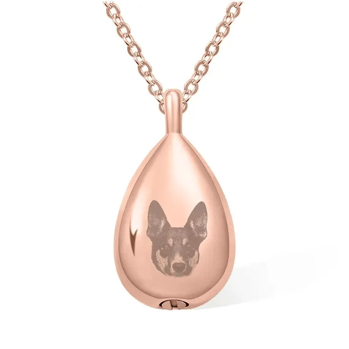 Personalized Photo Engraved Teardrop Cremation Urn Necklace for Ashes - Custom Memorial Pendant Jewelry - Belbren
