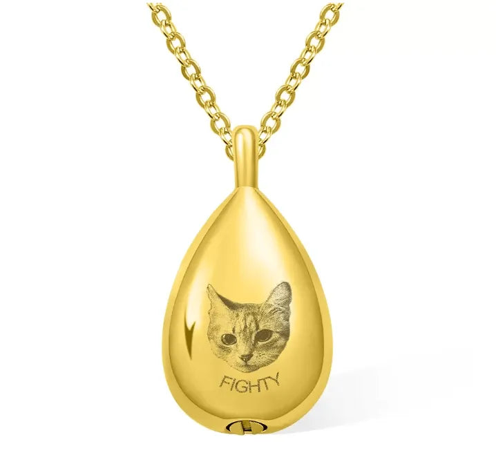 Personalized Photo Engraved Teardrop Cremation Urn Necklace for Ashes - Custom Memorial Pendant Jewelry - Belbren