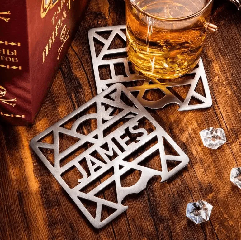 Personalized Stainless Steel Coaster with Integrated Bottle Opener - Custom Name Engraving Available - Belbren