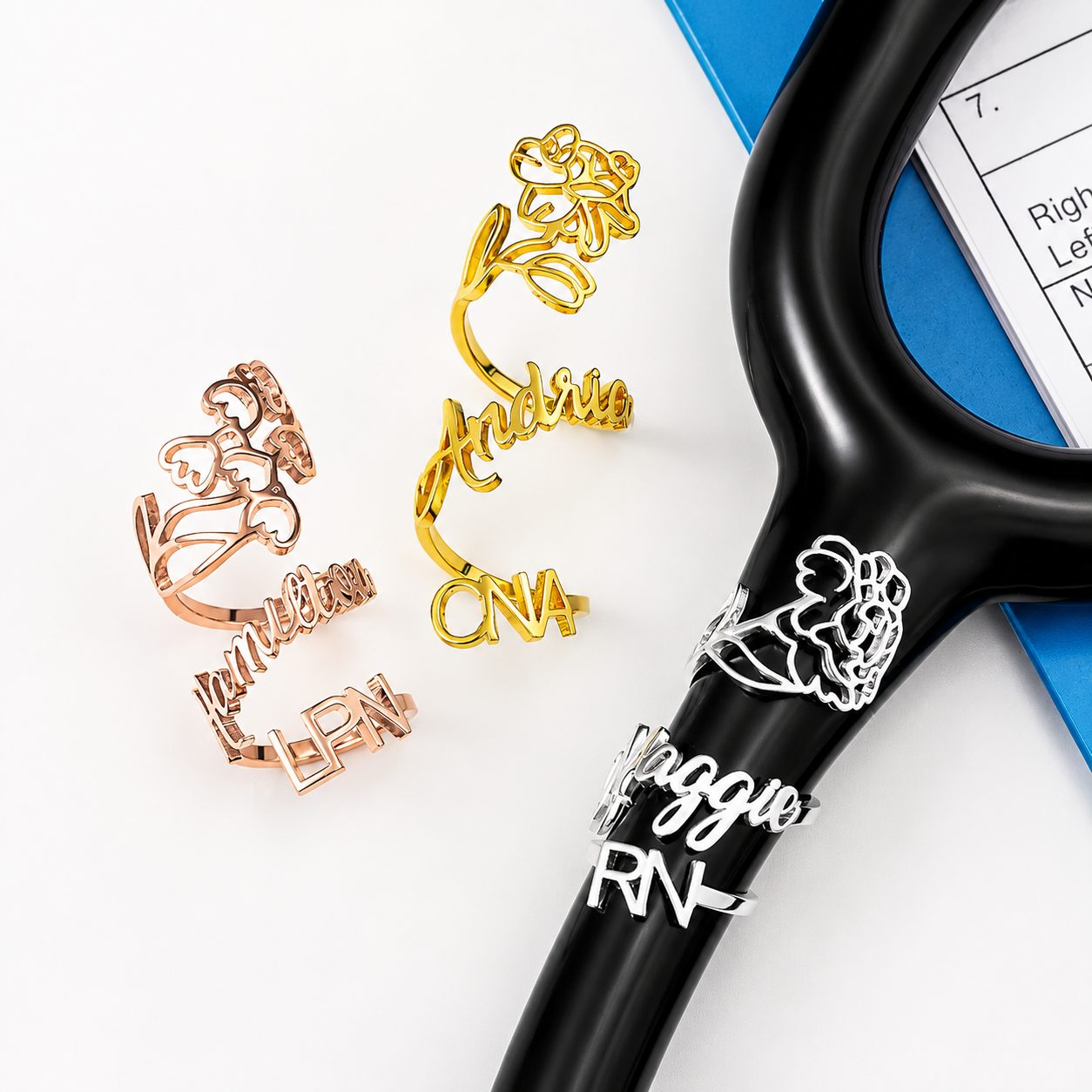 Personalized stethoscope name tag finish options in rose gold, gold and platinum