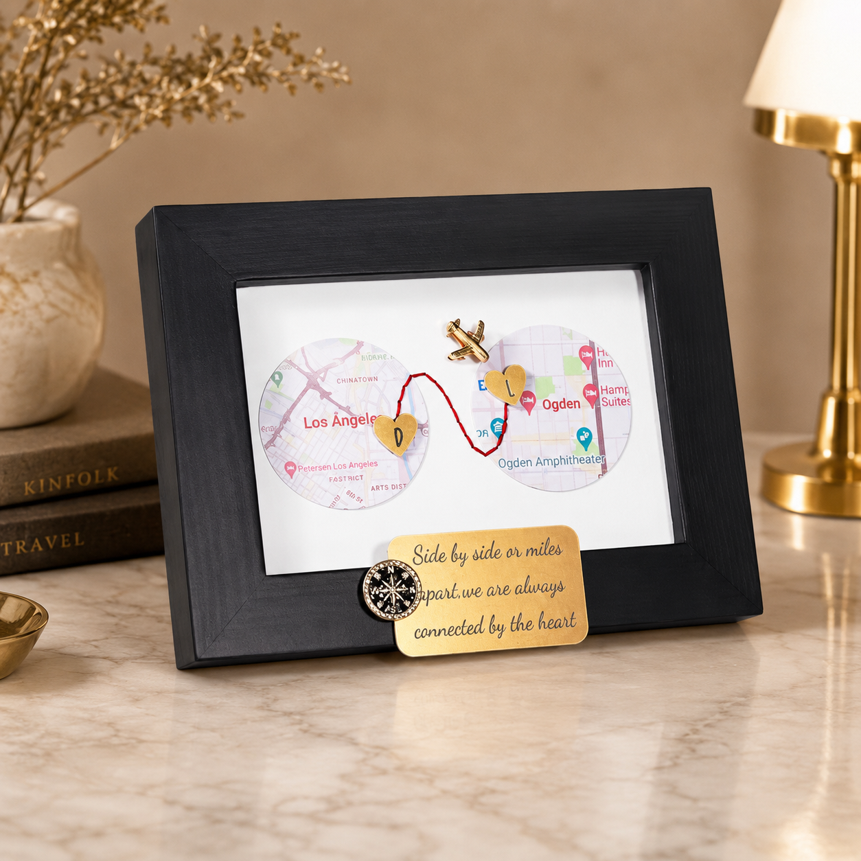 Personalized long distance map gift for couples in a black wooden frame