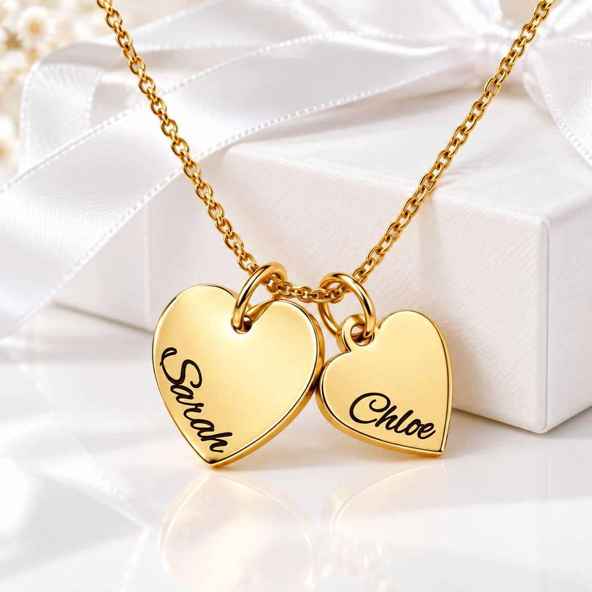 Personalized gold two name heart necklace with engraved hearts