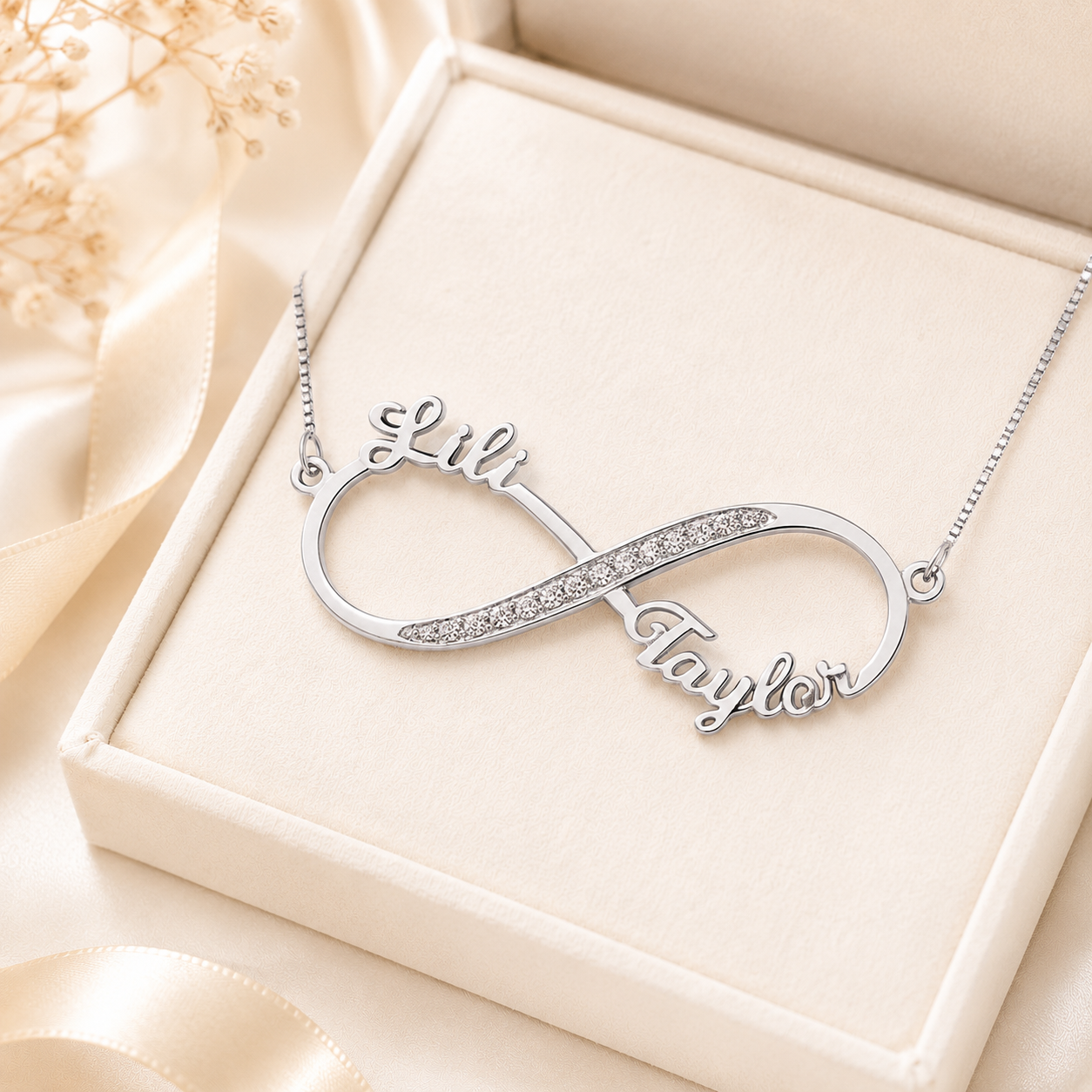 Personalized sterling silver infinity necklace with two names
